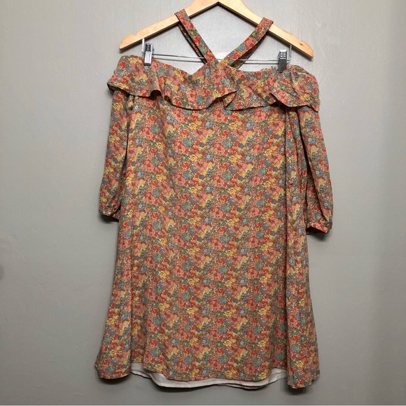 Madewell Forsythia Prairie Blossom Cold Shoulder Silk Dress - Picture 1 of 9